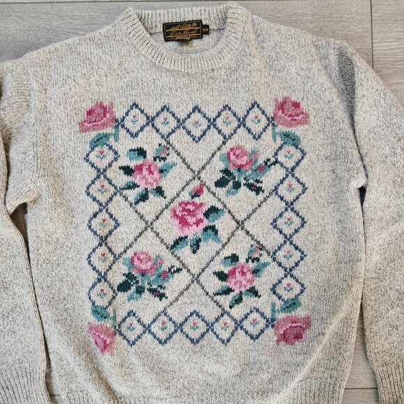 Vintage 90s Eddie Bauer Women's Wool Beige Rose Flower Sweater size medium - Picture 1 of 8